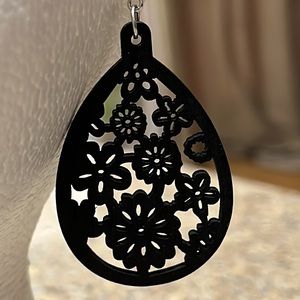 NIB Black Wooden Flower Drop Pierced Earrings with Silver Hooks